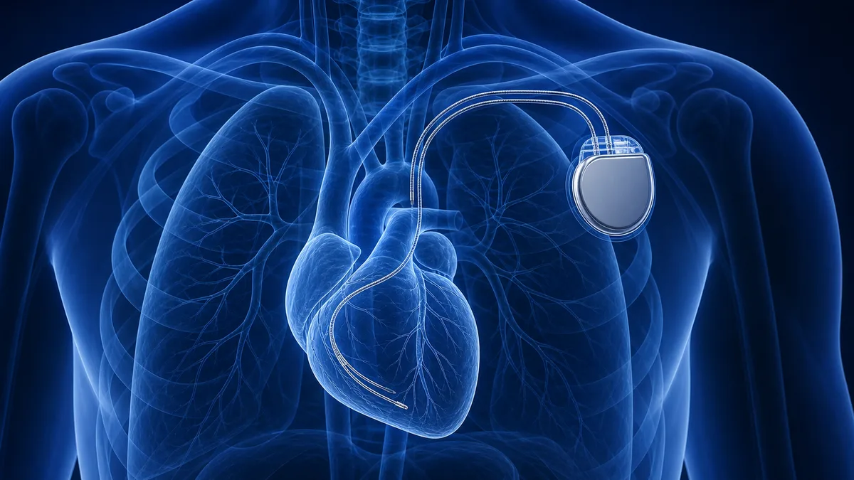 Ilustración médica en 3D del tórax humano que muestra el corazón y los pulmones, con un marcapasos implantado bajo la piel del hombro y su cable conectado hasta el interior del corazón.